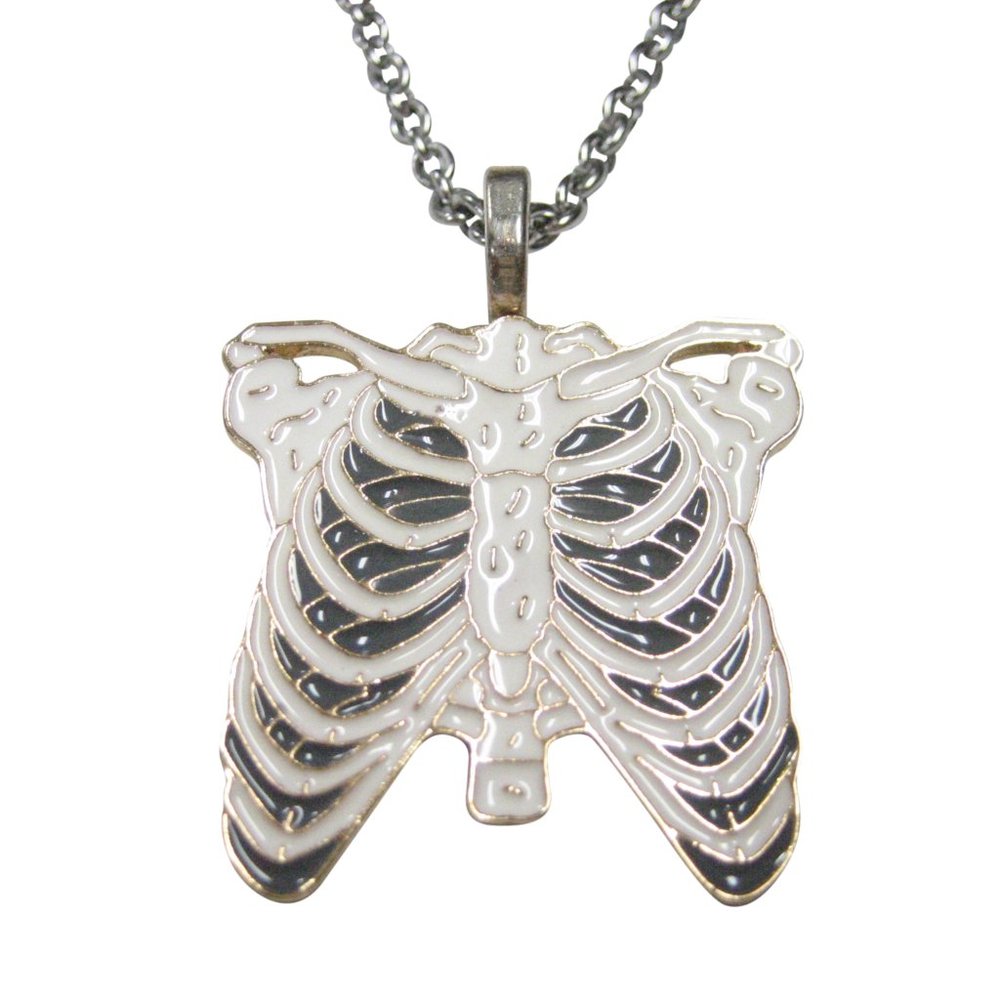 White Toned Anatomical Rib Cage Pendant Necklace
